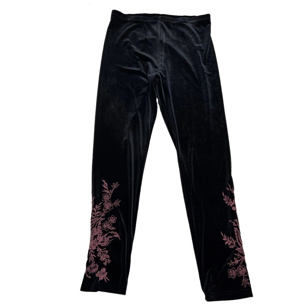 Johnny Was Workshop Leggings Womens L Black Velvet Ankle Floral Embroidered JW